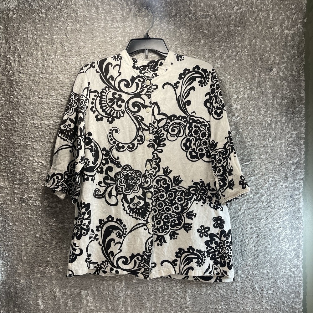 Erin‎ London Linen Blend Button Up Tunic Top Floral White Black Beach Coastal L